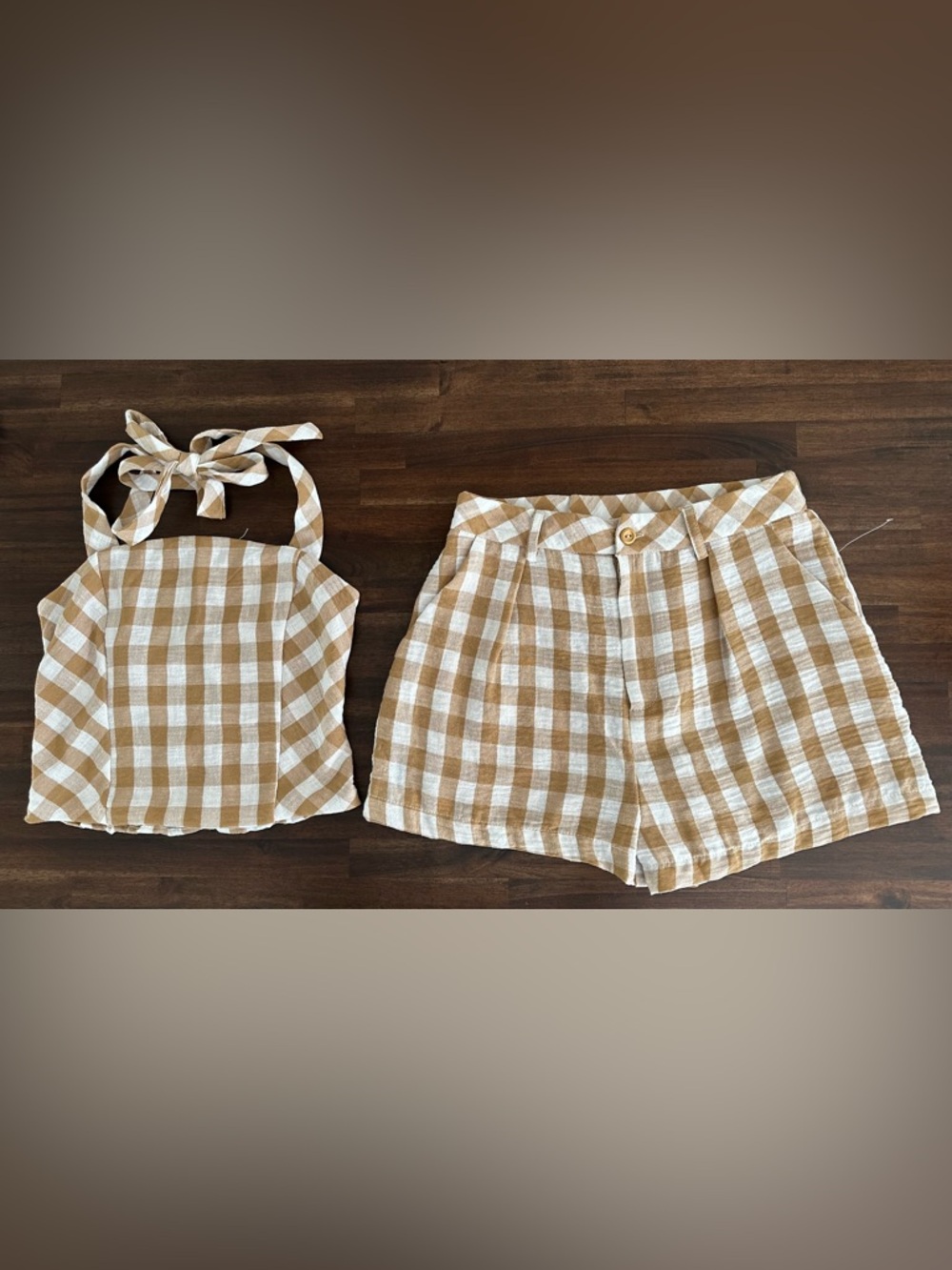 Kirious Los Angeles Gingham Crop Top & Shorts Set Tan and White-Size Small-NWT - Picture 3 of 4
